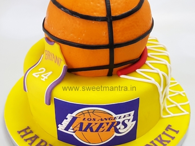 Basketball shaped customised birthday cake with Lakers logo in Pune