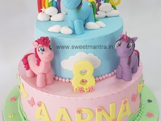 My Little Pony theme 2 tier fondant cake with 3D pony figures in Pune