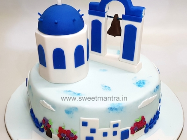 Santorini theme customised cake for wife's birthday in Pune