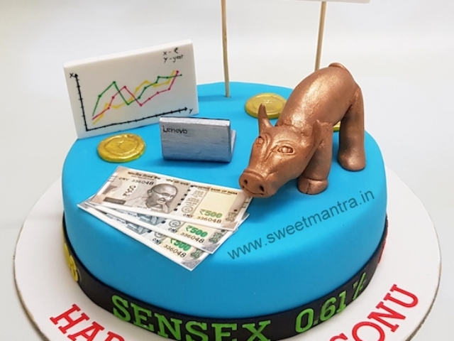 Share market theme customised cake for stock brokers birthday in Pune