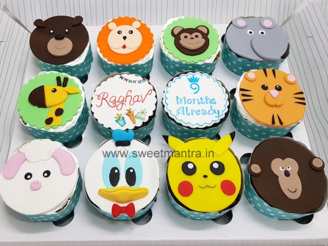 Animals theme customised cupcakes for Raghav's 9 months birthday in Pune