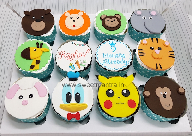 Animals theme customised cupcakes for Raghav's 9 months birthday in Pune