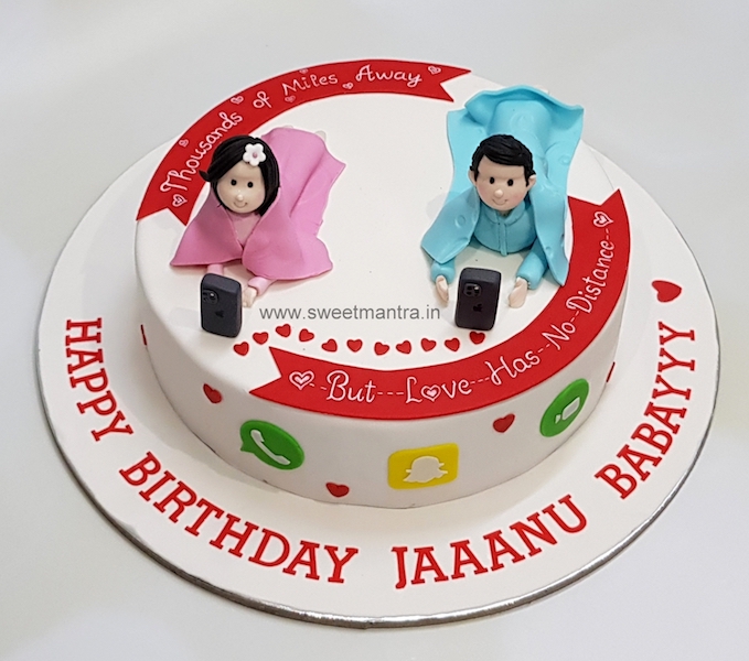 Long distance love theme birthday cake from husband in US for wife in Pune