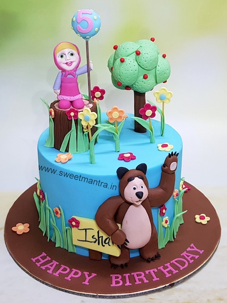 Masha and Bear theme customised cake for girl's birthday in Pune