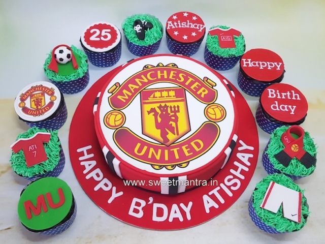 MANU football theme customised cake and cupcakes in Pune