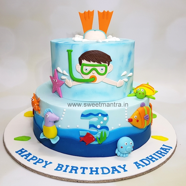 Underwater theme 2 tier customised cake for kids birthday in Pune