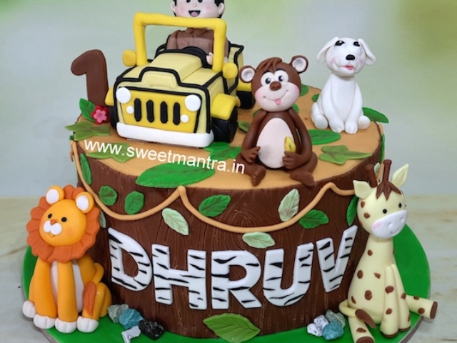 Customised Animals theme cake for boy's 1st birthday in Pune