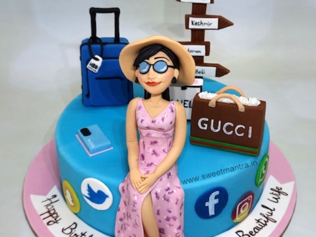 Travel and Shopping cake for fashionista wife's birthday in Pune