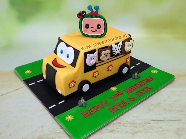 Wheels on the bus shape cake for twins birthday in Pune