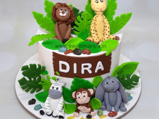 Jungle theme fondant cake for girls birthday in Pune