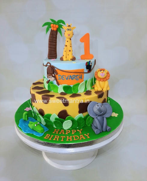 Jungle theme 2 tier fondant cake for 1st birthday
