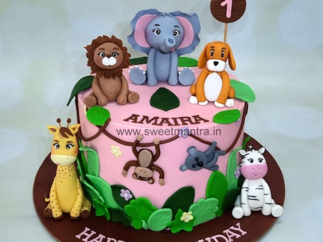 Jungle theme cake for girl's 1st birthday