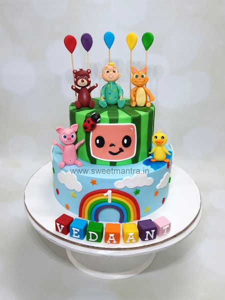 Cocomelon theme 2 tier cake for 1st birthday