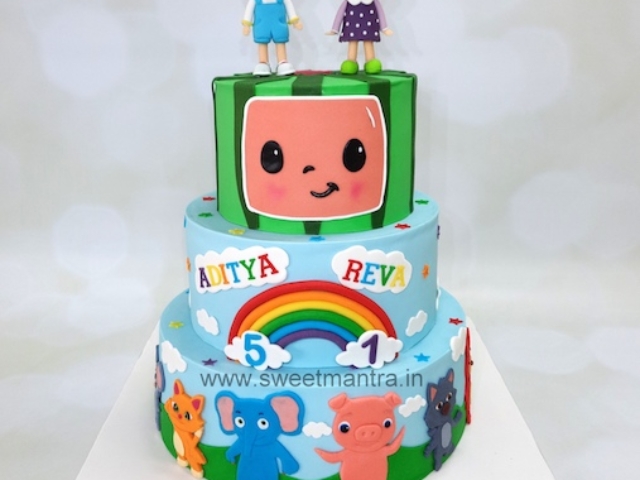 Cocomelon theme 3 tier cake for kids birthday