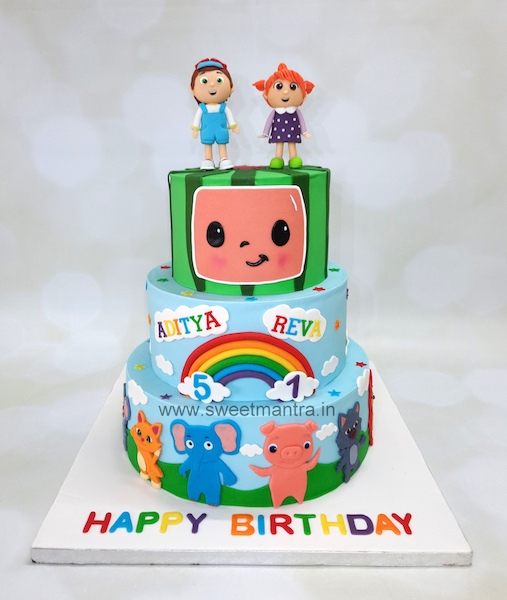 Cocomelon theme 3 tier cake for kids birthday