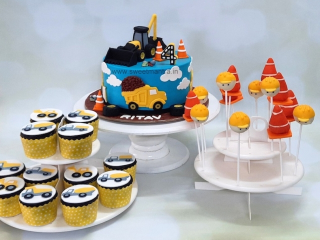 JCB truck theme dessert table for kids birthday in Pune