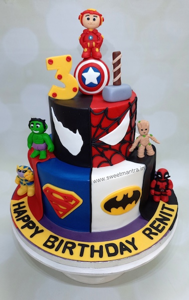 Superhero theme 2 tier cake for kids birthday