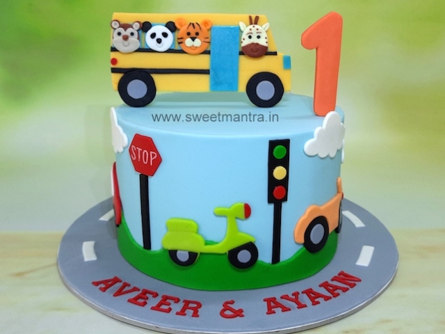 Wheels on the bus cake for 1st birthday
